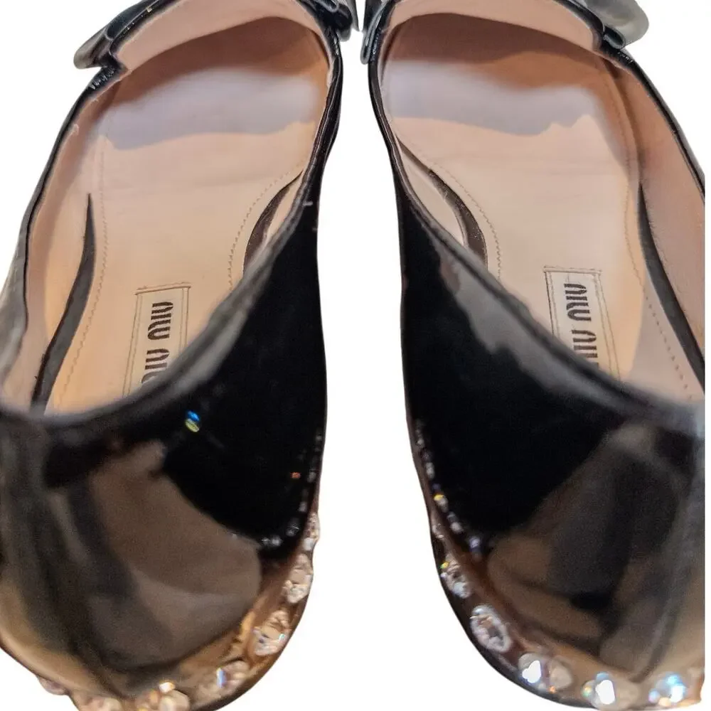 Miu Miu Black Patent Bow Ballet Flats Rhinestone Heel Size 38.5 EU US 8.5